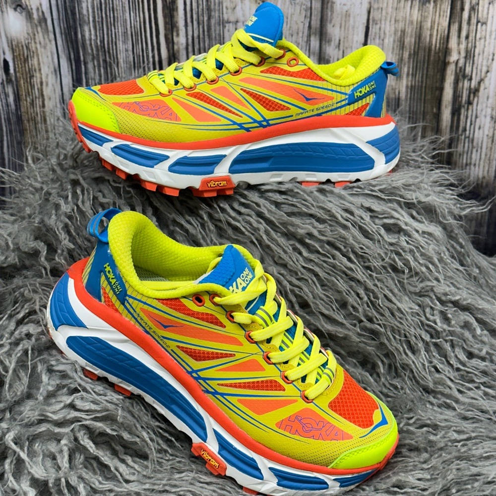 Hoka Neon Yellow Orange Blue Athletic Running Shoes